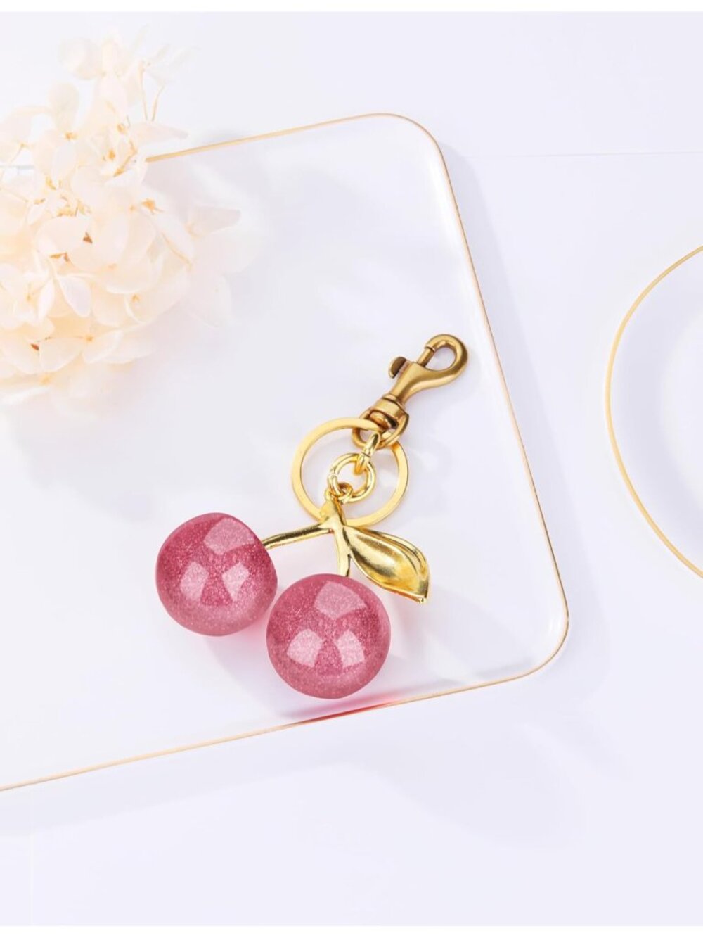Women rose Pink Sparkling Purse Charms gloss Sparkling Resin Cherry Bag Keychain - Picture 5 of 5
